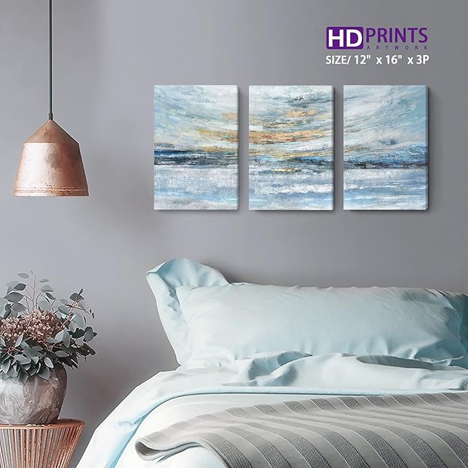 Abstract Canvas Wall Art for Bedroom 3 Piece Ocean Painting Coastal Theme Artwork Blue and Yellow Sunset & Sunrise on the Beach Seascape Picture for Bathroom Living Room Light 12x16inchx3 panel