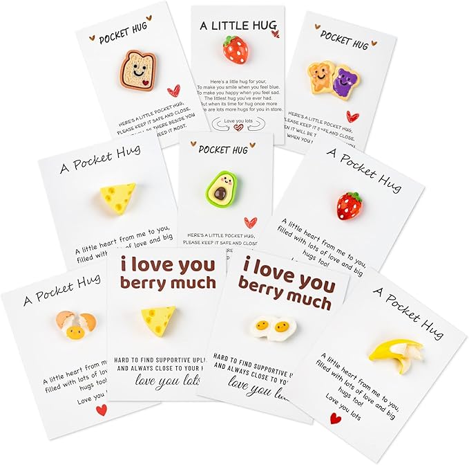 10 Sets Pocket Hug Card – DIY Mini Cute Size Food Themed, Motivation Gift for Encouragement Friendship & Emotional Support – Inspirational Keepsake for Friends Family Kids & Loved Ones
