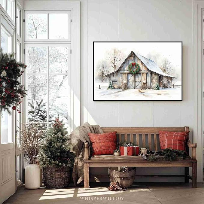 Rustic Landscape Wall Decor Barn Winter Cottage Wall Art Holiday Landscape Painting Rustic Winter Print Christmas Gingerbread Poster Indoor Decor for Living Room Bedroom Cabin Framed Ready to Hang