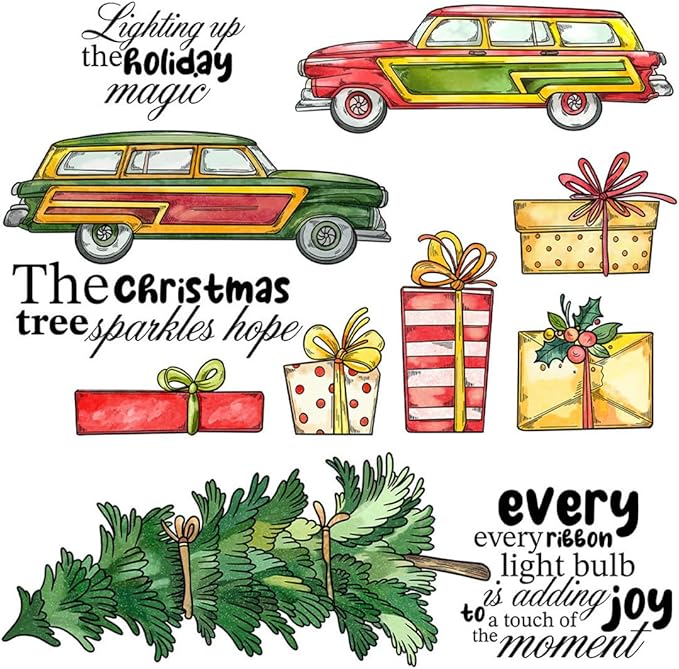 Car Christmas Tree Box Stamps and Cutting Dies for Card Making DIY Transparent Silicone Clear Stamp and Metal Die Cuts Sets for Scrapbooking Paper Greeting Cards Decor Seals Craft Supplies