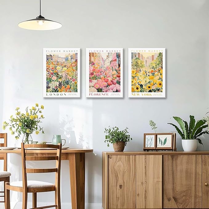 XLARTMY Flower Market Wall Art Print Canvas Framed Yellow Pink Floral Paintings Colorful Botanical Sunflower Artwork Travel Poster for Decor Picture 3 pieces for Living Room Bedroom Bathroom 12x16in