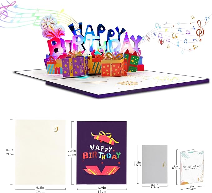 GREETING ART 3D Pop Up Birthday Cards, Light and Music Happy Birthday Card, Musical & LED Lights Birthday Cards for Women Men Kids