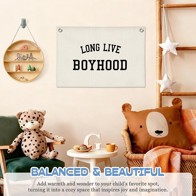 Nursery Decor Wall Art,Long Live Boyhood,Minimalist Black and White Linen Banner Print Decor Hanging for Kids Boys Toddler Nursery Room Bedroom Playroom, 30X20 Inch