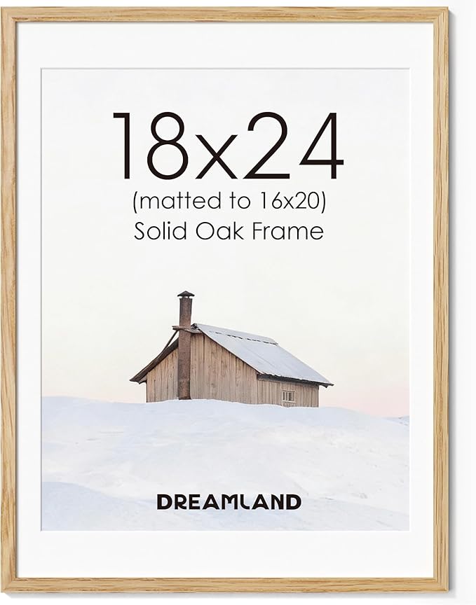 Dreamland 18x24 Picture Frame, Natural Oak Wood Poster Frame with Mat for 16x20, 18 x 24 Matted Picture Frames with Tempered Real Glass for Wall Art Photo and Prints, Oak Color, Set of 1