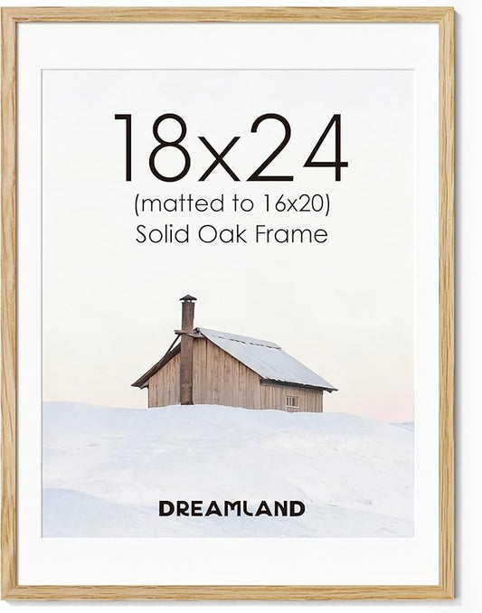 Dreamland 18x24 Picture Frame, Natural Oak Wood Poster Frame with Mat for 16x20, 18 x 24 Matted Picture Frames with Tempered Real Glass for Wall Art Photo and Prints, Oak Color, Set of 1