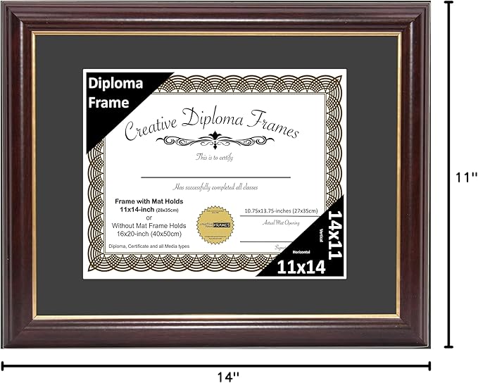 Creative Picture Frames 11x14 Mahogany Gold Rim Diploma Frame with Black Mat Glass and Installed Wall Hangers | Frame Holds 16x20 Media without Mat