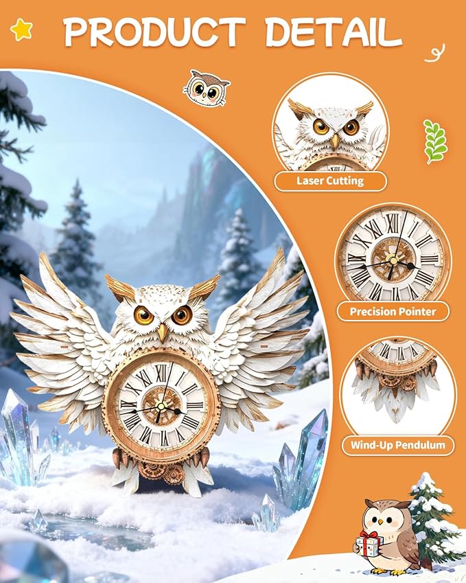 3D Wooden Puzzles for Adults,Snowy Owl DIY Clock Kit with Pendulum Idea,Beginner 3D Puzzles Model Kit Crafts - Hobbies Birthday Christmas Day Gift for Teens Adults
