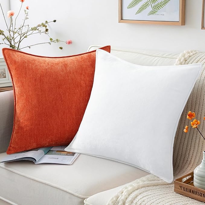 decorUhome Spring Couch Euro Sham Throw Pillow Covers 24x24 Set of 2, Decorative Soft Velvet Neutral Chenille Pillow Covers with Elegant Design for Sofa Bed Living Room Home Decor, Rust