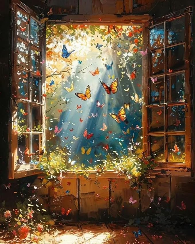 Mosaflare Paint by Numbers for Adults Beginner, Butterfly Window Scene Adult Paint by Number Kits on Canvas, DIY Acrylic Oil Easy Painting by Numbers for Home Wall Decor 16X20 inch (Without Frame)