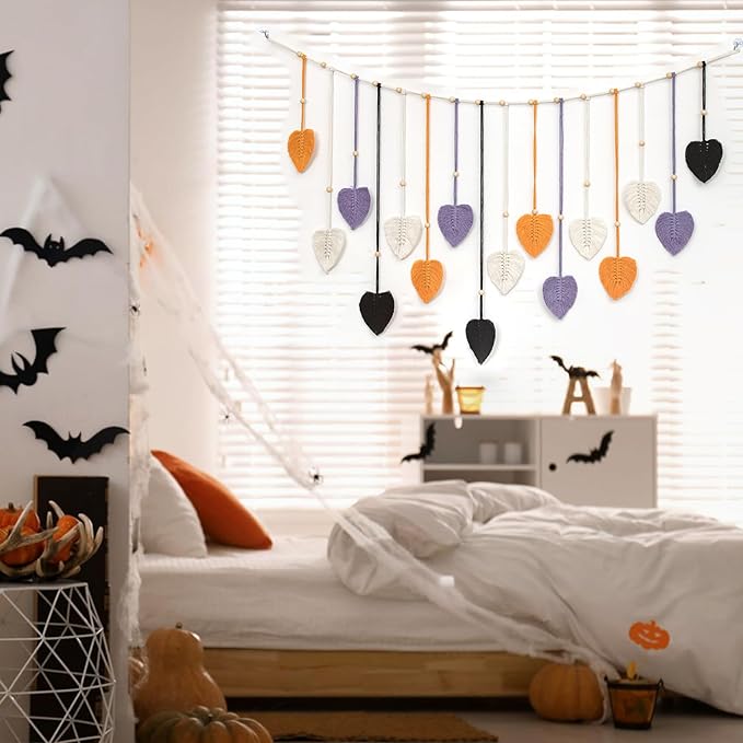 LB Fall Large Macrame Wall Hanging, Black Chic Feather with Wood Beads Boho Woven Tapestry Wall Hanging Macrame Wall Decor Handmade Purple Leaf Wall Art for Living Room Bedroom Nursery,47x30 Inch