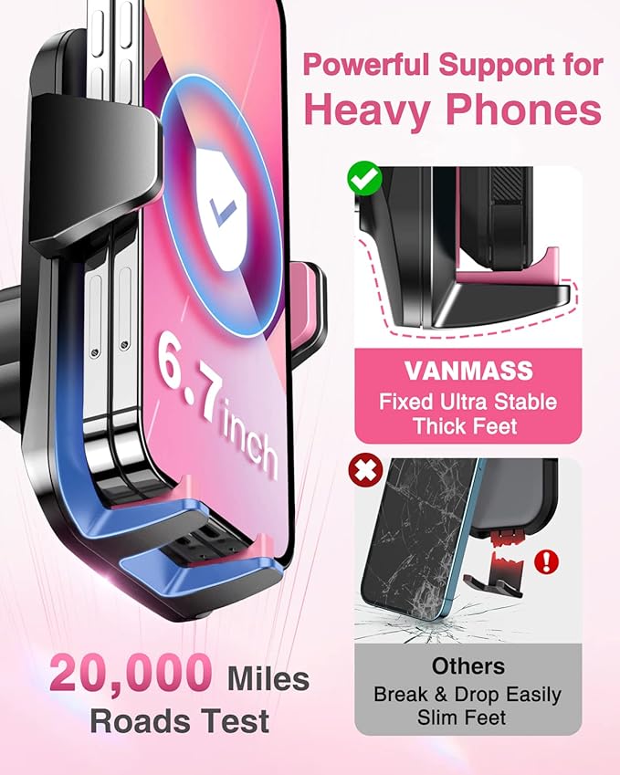 VANMASS 【85+LBS Strongest Suction & Military-Grade 2025 Ultimate Car Phone Mount【Patent & Safety Certs】 Cell Phone Holder Truck for Dashboard Windshield Vent for iPhone 17 Pro Max 16 15 Samsung, Pink