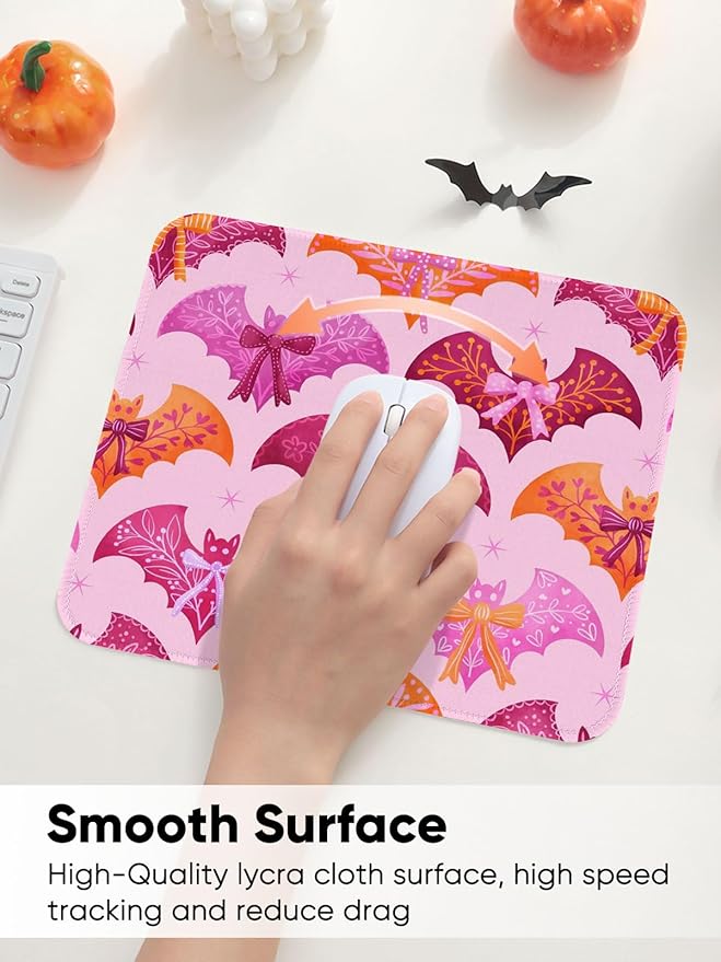Seorsok Halloween Funny Bat Mouse Mat,Bow Ribbon Decor Mouse Pads for Office Laptop,Washable Square Cute Mousepads with Extended Stitched Edges Non Slip Rubber Base 9.5"x7.8"x0.12" Inch,Purple