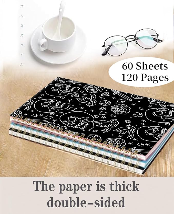 Spiral Journal Notebook,A5 Hardcover Lined Journals for Women 6 x 8.3 in,60 Sheets 120 Pages Thick Paper,Cute College Ruled Writing Notebook for Office Work School(Skull Head Rose)