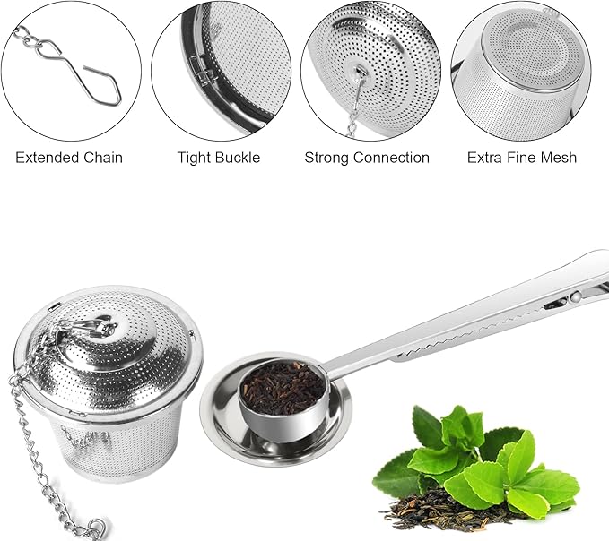 Numola Loose Leaf Tea Infuser Set, Reusable Stainless Steel Tea Balls, Fine Mesh Tea Strainers for Loose Tea with Scoop and Drip Trays, Tea Steeper with Extented Chain Hook for Tea Lovers