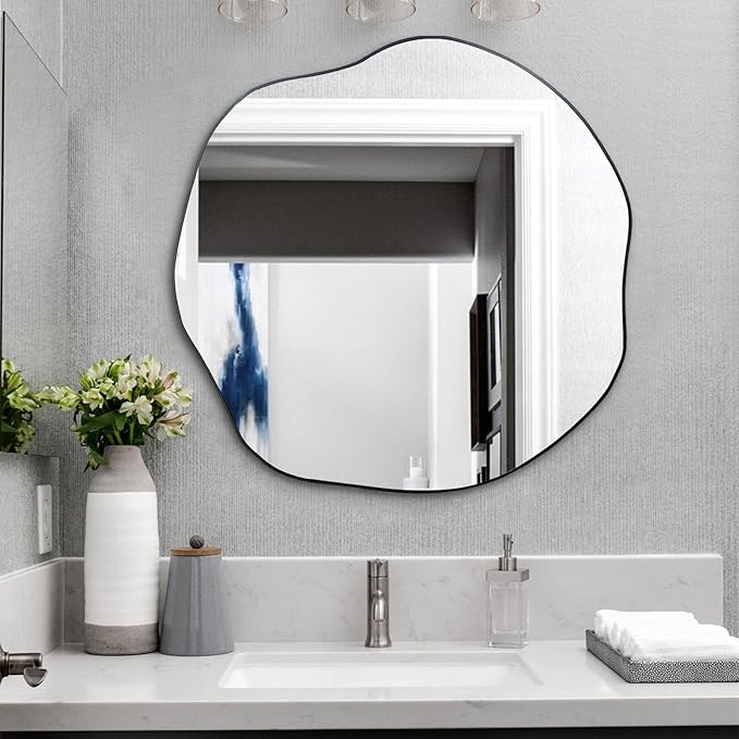 POZINO Irregular Mirror, 35" Large Asymmetrical Circle Mirrors, Black Scalloped Rounded Mirror, Modern Frameless Abstract Mirrors for Living Room Bedroom Bathroom Entryway Hallway Fireplace