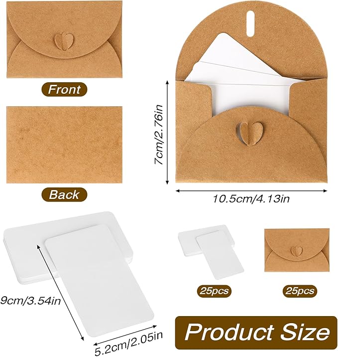 Mini Envelopes with Blank Cards 4.1 x 2.8 inch Kraft Paper Gift Card Holders Cute Tiny Envelopes with Heart Clasp for Gift Cards, Wedding Party Favors, Greeting Cards Mailing, Business Cards