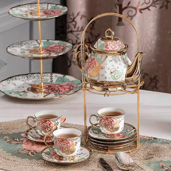 CHANJOON tea sets Gold Plated Red Rose Ceramic Tea Set, Vintage Teapot Tea Sets Beautiful Tea Set Coffee Serving 6 People (Golden, Medium)