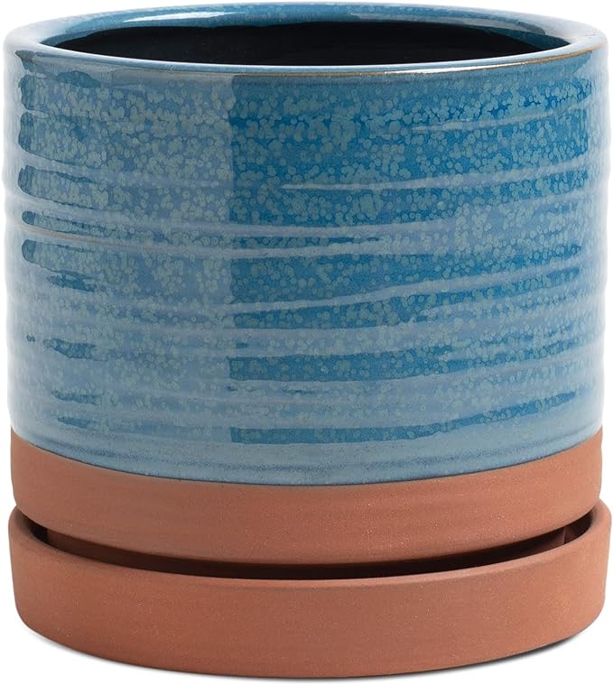 6 Inch Plant Pots, Ceramic Planter Pot with Drainage Hole & Saucer, Indoor/Outdoor Cylinder Round Planter Pot, Aqua Blue & Terracotta Red