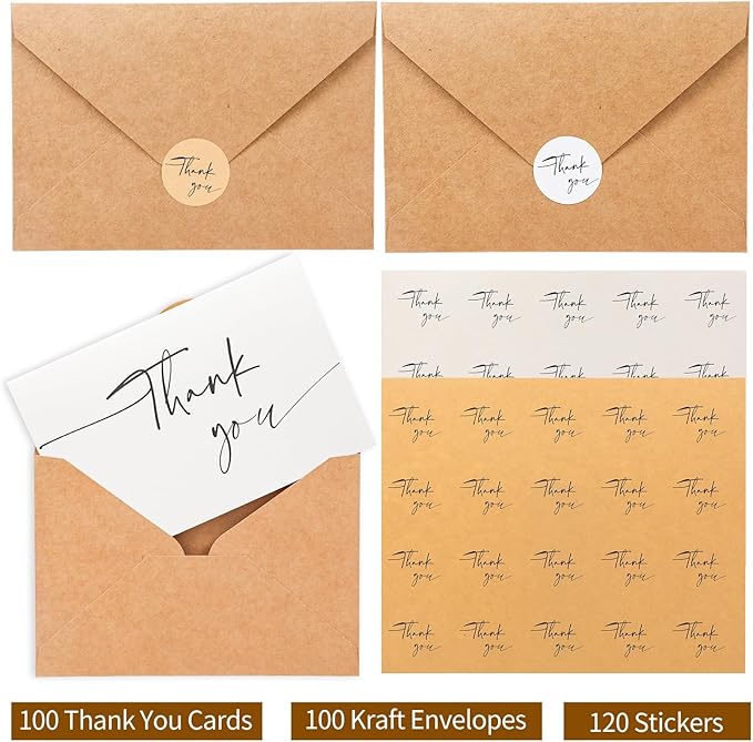 miikoul 100 Pieces Thank You Cards with Kraft Envelopes & Stickers 4x6 Inch Minimalistic Design Bulk Thank You Note for Graduation, Baby Shower, Wedding,Business, Doctor,Teachers