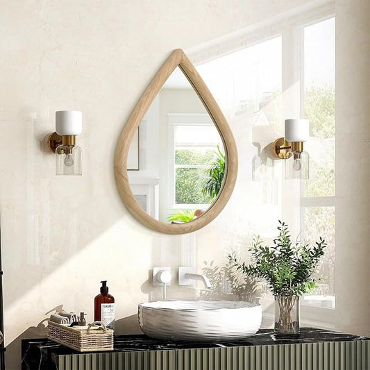 Small Wall Mirror Decorative Farmhouse Rustic Teardrop Wall Hanging Mirrors Walnut Wood Framed Irregular Mirror for Bathroom Living Room Bedroom Entrance