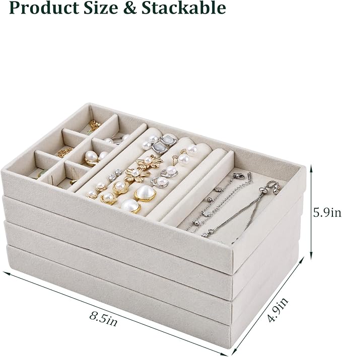 Stackable Jewelry Organizer Trays with Removable Dividers, 4-Tray Beige Jewelry Drawer Organizer Set for Earrings, Necklaces, Rings & Bracelets Gift for Her
