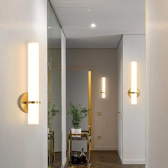LED Dimming Wall Sconces 8W, 3000K Warm Lights Dimmable, White Lampshade Bathroom Vanity Lighting Wall Light Fixtures for Bedroom Dining Living Hallway, Antique Gold