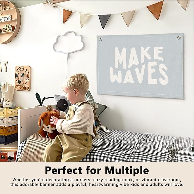 Coastal Beach Kids Room Decor - Linen Banner Wall Hanging Canvas Banner Flag Decor for Kids Toddler Bedroom Nursery Playroom