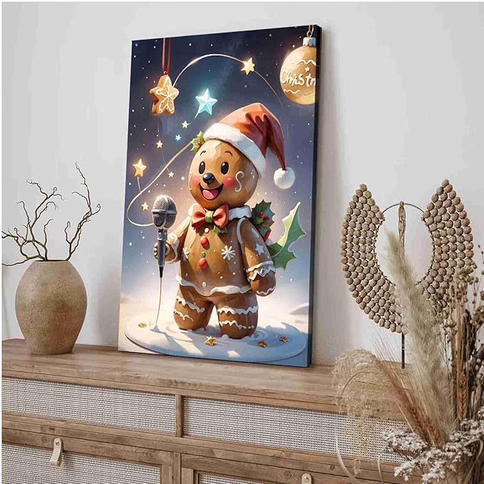 Framed Canvas Wall Art festive gingerbread character Funny Christmas Poster Trendy Christmas Decor 8x12in Wood Framed