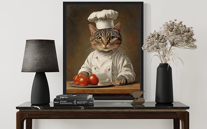 Chef Portrait Art Poster Print, Cat Kitten Painting Humor Portrait Pet Artwork Decor Gallery A8 (Chef, 16 x 20 inches, Black Frame)