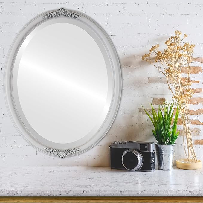 OVALCREST Oval Beveled Wall Mirror for Home Decor - Contessa Style - Linen White - 26" x 22"