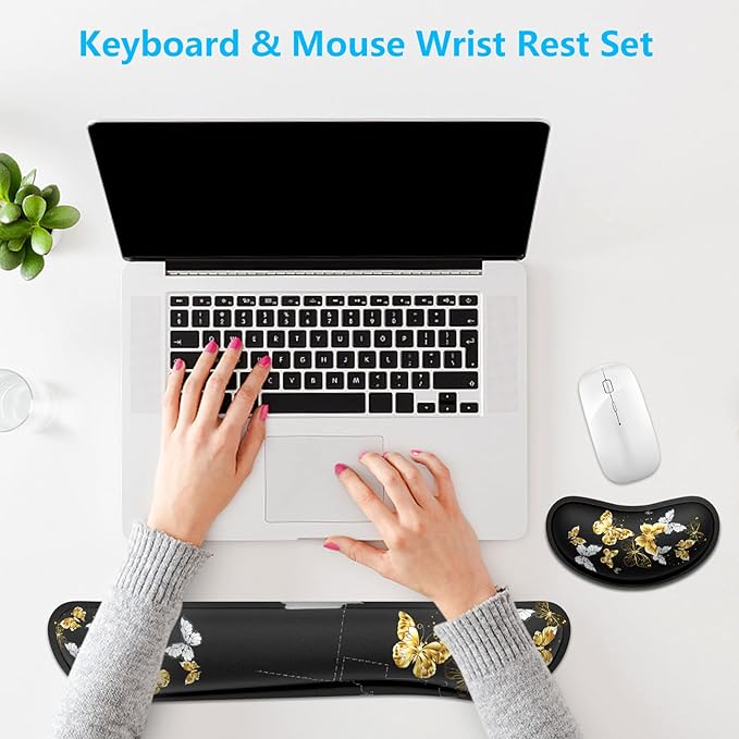 Dapesuom Enlarge Keyboard Wrist Rest, Memory Foam Wrist Cushion for Desk Mats Support, Typing Pain Relief Keyboard Mouse Pad Rests Set with Non-Slip Base for Gaming Laptop Office Computer, Butterfly
