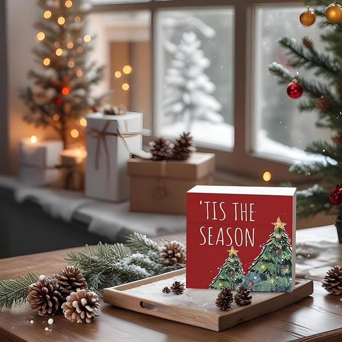 Christmas Decorations, The Season Christmas Trees Wooden Box Sign, Merry Christmas Sign, Christmas Decorations Indoor, Farmhouse Rustic Wood Block Plaque for Home Desk Bedroom Decor 5x5