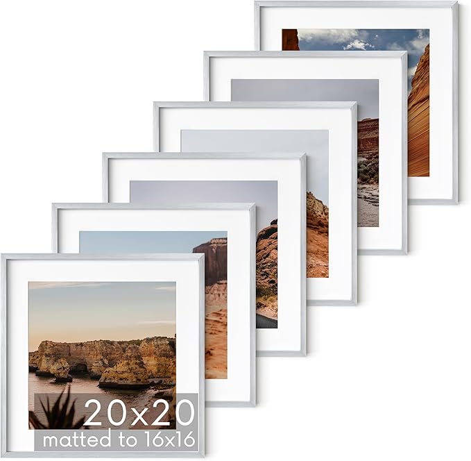 HAUS AND HUES 20x20 Silver Metal Picture Frames Matted to 16x16 - Premium Aluminum with Hanging Hardware, Shatterproof Plexiglass - Ideal for Home or Office (20x20 in, Silver, Set of 6)