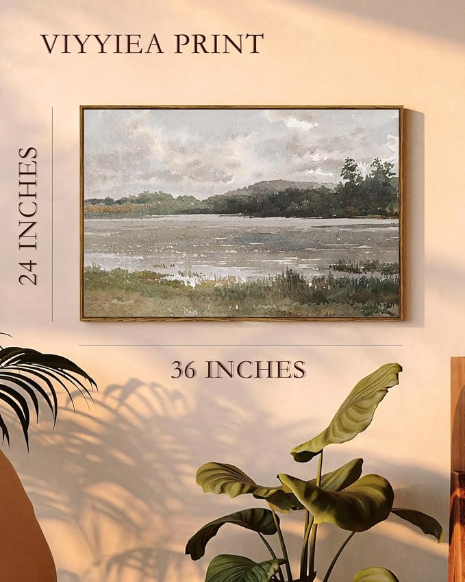 VIYYIEA Vintage Nature Large Framed Wall Art, Lakeside Landscape Paintings Art Decor Aesthetic, Canvas Print Artwork, Retro Scenery Wall Pictures for Bedroom Bathroom Office 24X36 Inch
