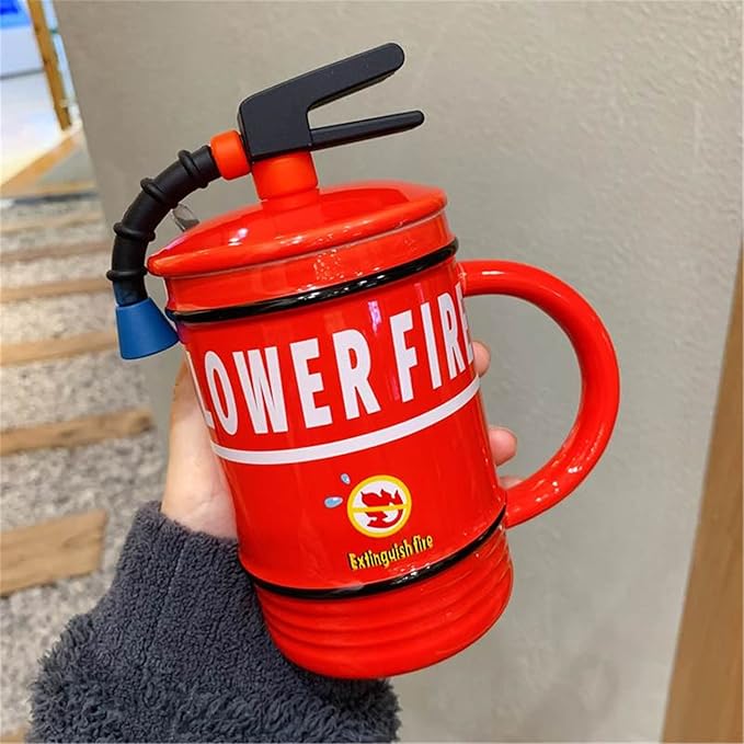 Coffee Mug Cups Ceramic Tea Cup Fire Extinguisher Shaped Handmade Cute Mugs With Lid Spoon Handle Office Home Hot Ice Chocolate Milk Mugs Gifts Microwave Dishwasher Safe Travel Mugs (Red)