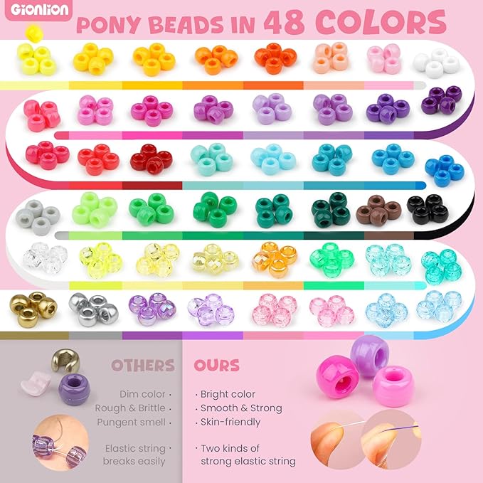 Gionlion 4200Pcs Pony Beads for Bracelet Making Kit, 48 Colors Kandi Beads Bracelet Kit, 2500pcs Rainbow Candy, 1700pcs Friendship Letter Bead with 20 Meter Elastic Strings for Jewelry Making