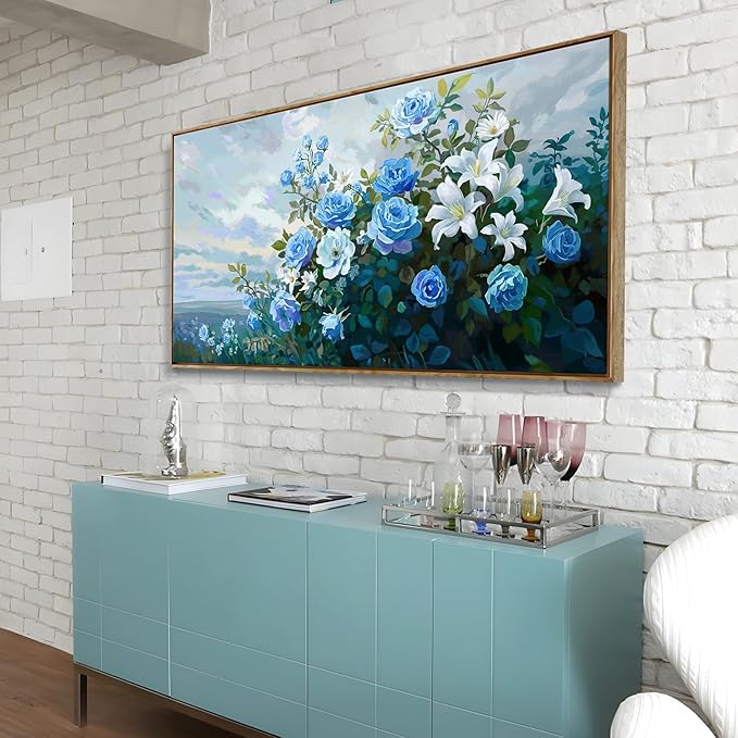 Framed Floral Wall Art for Bedroom Living Room – Blue and White Flowers Canvas Painting with Rustic Wood Frame – Botanical Artwork for Farmhouse & Cottage Décor 48x24 Inch