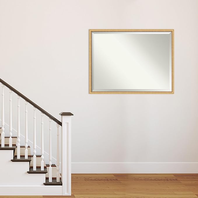 Amanti Art Gold Wall Mirror 32x42 Salon Scoop Gold Rectangle Bathroom Mirror for Wall Decor Living Room, X-Large Casual Wood Frame, Hangs Horizonally and Vertically, Bathroom Decor, Beveled Edge