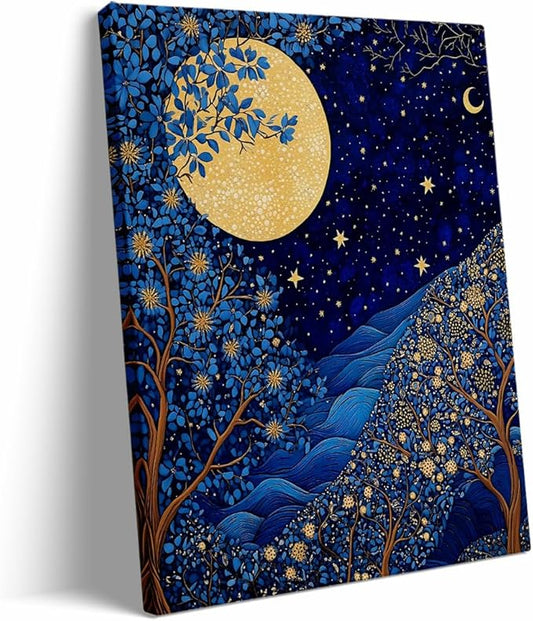 William Morris Print,Vintage Poster,William Morris Moon & Stars Print,Vintage Wall Art,Textiles Wall Art for Bedroom Kitchen Living Room 24x36in Large Frame
