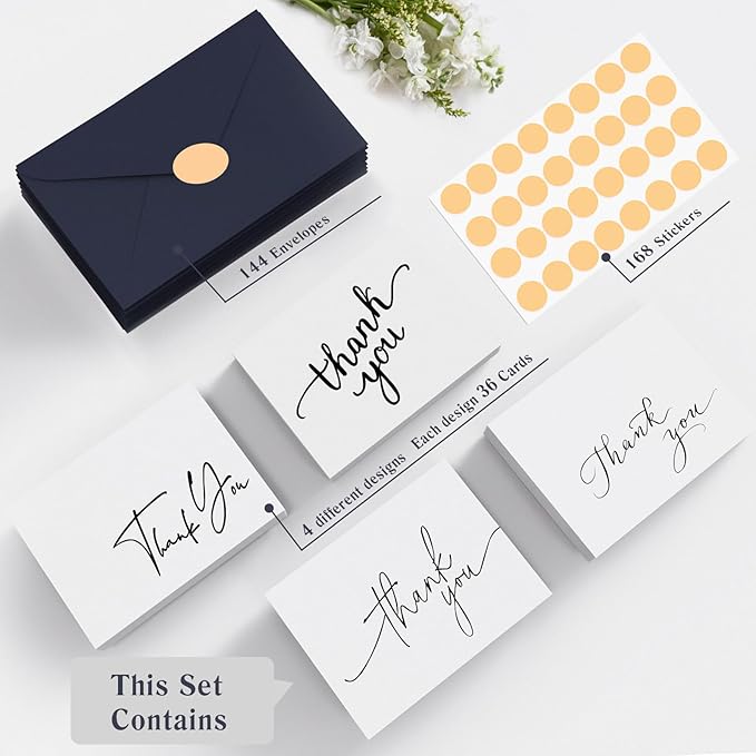 Goefun Thank You Cards with Envelopes 144 Pack Bulk 4×6 Navy Blue Blank Thank You Notes, Unique Designs for Small Business, Funeral, Wedding, Baby Shower Boy and Graduation