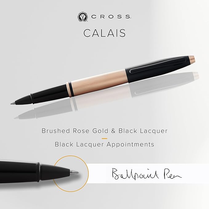 Cross Calais Refillable Rollerball Pen Presented in a Luxury Gift Box - Medium Point, Black Ink, Brushed Rose Gold & Black