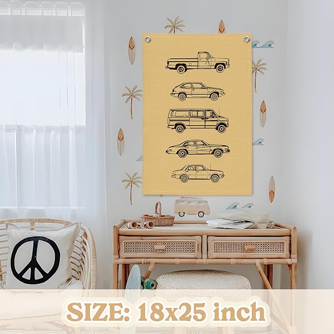 Boy Room Decor,Cars Room Decor for Boys Linen Canvas Banner,Toddler Wall Hanging Pennant Flag for Boys Kids Bedroom Dorm Nursery 18x25 Inch
