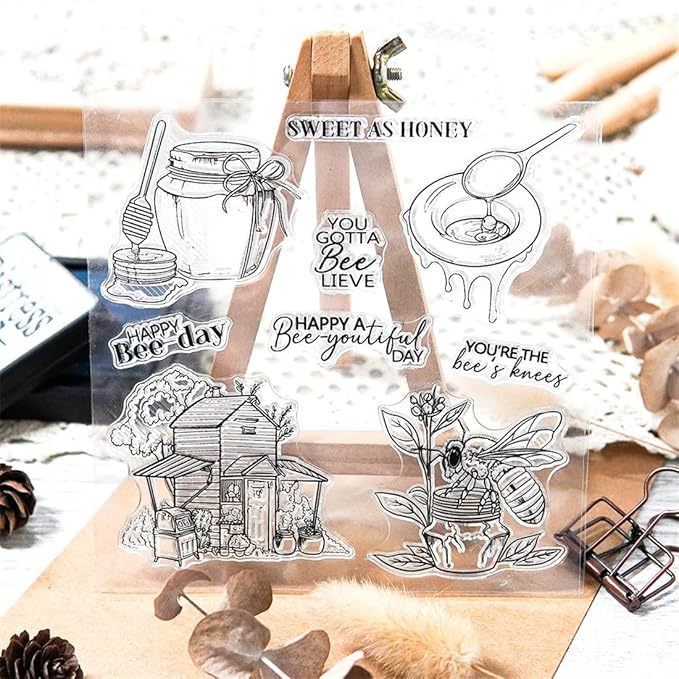 Honey Wooden House Stamps and Cutting Dies for Card Making DIY Transparent Silicone Clear Stamp and Metal Die Cuts Sets for Scrapbooking Paper Greeting Cards Decor Seals Craft Supplies