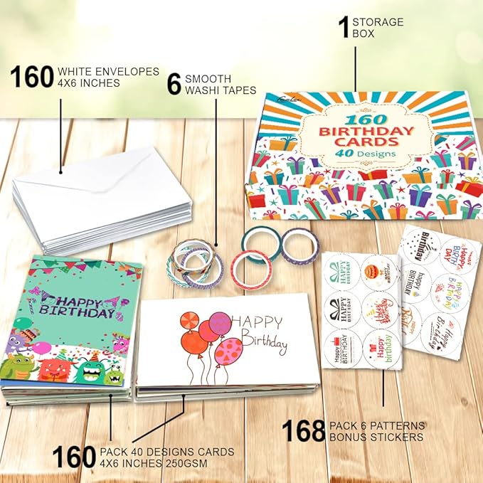 feela Birthday Cards Bulk, 160 Pack 40 Designs Happy Birthday Card Assortment Box with 160 Blank Envelopes 168 Pieces of Stickers 6 Washi Tapes, 4 X 6 Inches Greeting Cards For Girls Family Friends