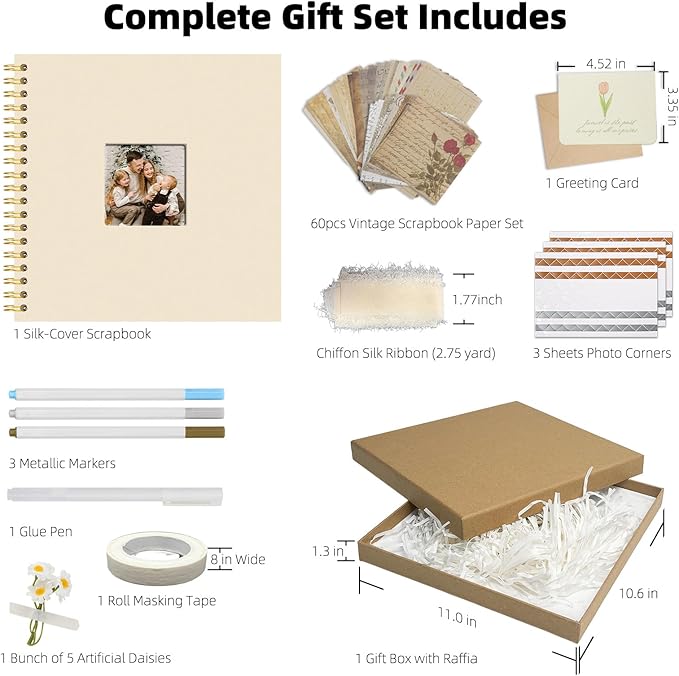 Vienrose 10 x 10 Inch Scrapbook Album Gift Set, Linen Hardcover Photo Book with 80 White Pages, DIY Memory Book Kit with Accessories for Wedding, Baby Shower, Travel, Christmas (Beige, 40 Sheets)