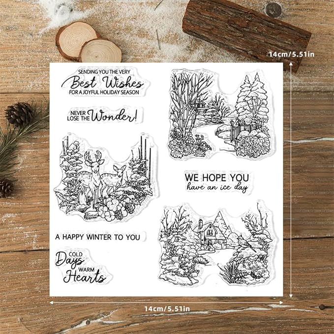 Christmas Snow Scene Stamps and Cutting Dies for Card Making DIY Transparent Silicone Clear Stamp and Metal Die Cuts Sets for Scrapbooking Paper Greeting Cards Decor Seals Craft Supplies