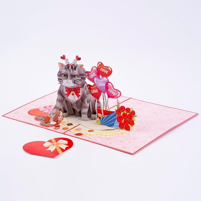 Funny Cat - Love Pop Up Card, Happy Valentine's Day, Hearts, Roses, Love Anniversary 3D Popup Greeting Cards, Gifts for Wife, Husband, Lovers, Kids, 5x7 - Includes Envelope And Message Note
