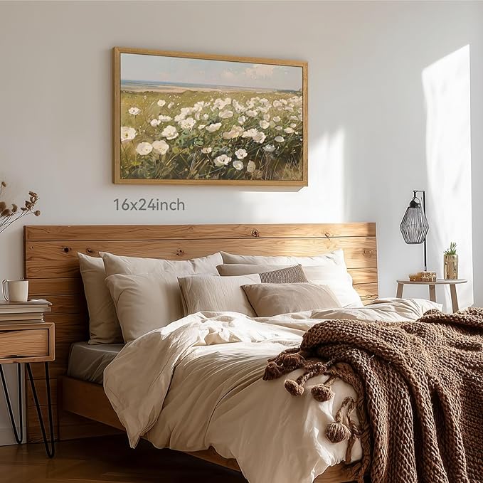 CAZLOUC Vintage Coastal Wall Art, White Wildflower Wall Decor, Rustic Farmhouse Landscape Canvas Painting, Nature Seaside Floral Poster Print for Bedroom Living Room Office Wood Framed 12x16 Inch