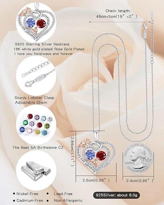 Women's Birthstone Necklace, Holiday Gift for Girlfriend, 925 Sterling Silver Heart Rose Necklace, Anniversary Birthday Gift for Wife, Daughter