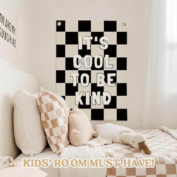 Kids Room Decor,Black and White Classroom Checkered Decor,Be Kind Inspirational Office Decor,Linen Canvas Wall Hanging Flag for Nursery Playroom Classroom 18x25 Inch